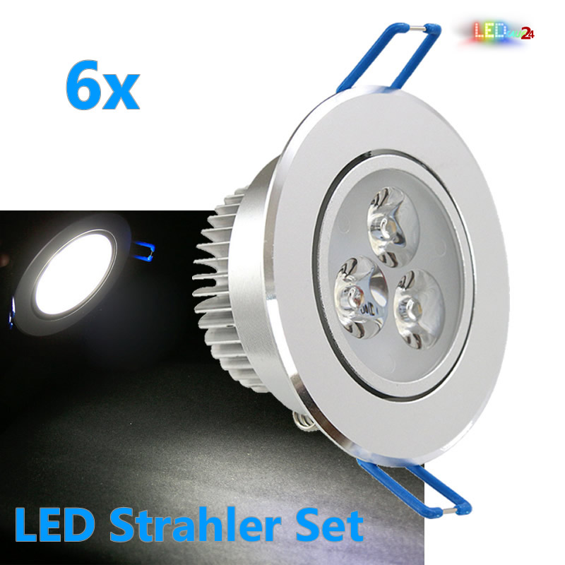 WARMWEIß LED Ambiente Beleuchtungslösungen - Einbaustrahler 3W und Set inkl. | KALTWEIß LED Trafo LEDkauf24.de / 6x Aluminium