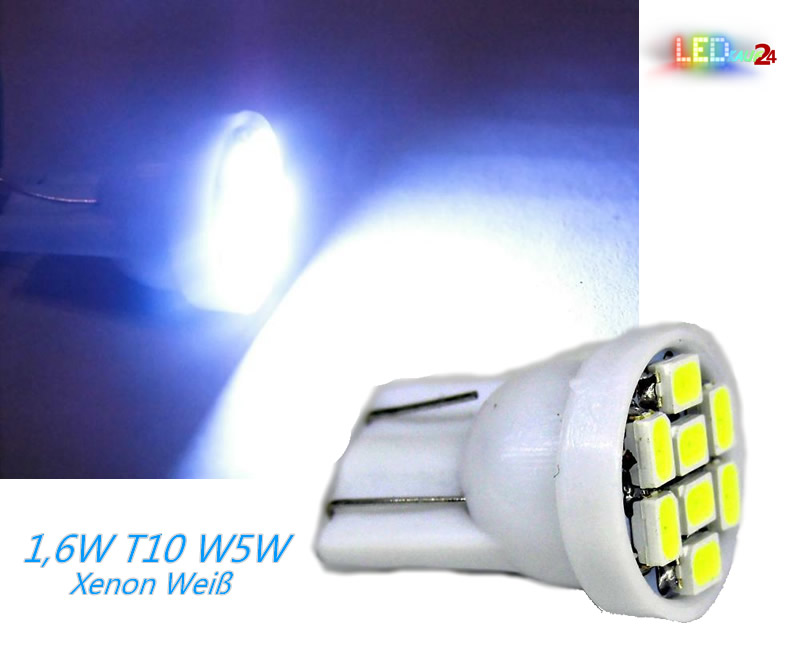 2 LED-LAMPEN T10 W5W XENLED 6000K Weiß 12V - 360°-Winkel
