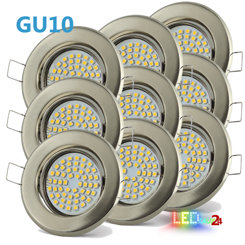 | und mit Fassung LED 9x - und schwenkbar LED Edelstahl gebürstet 230V GU10 3W Leuchtmittel Einbaustrahler Ambiente LEDkauf24.de Set Beleuchtungslösungen